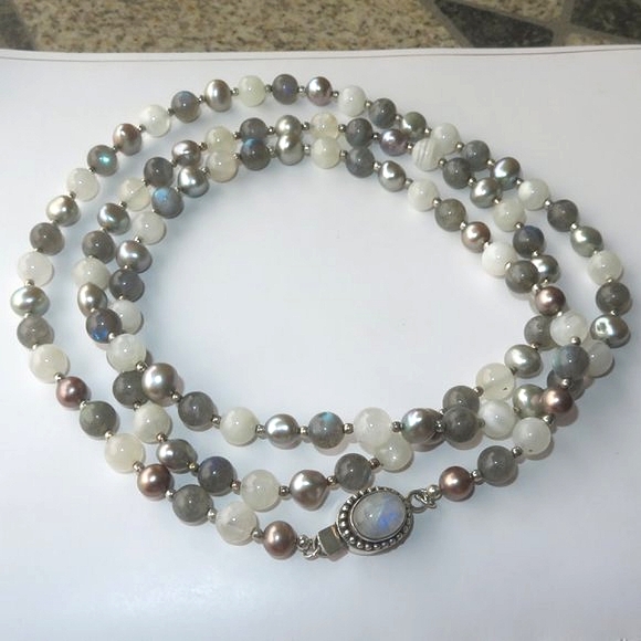 Stunning Extra LONG Moonstone Labradorite Pearl Sterling Silver Necklace - Picture 7 of 16